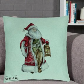 Perna Decorativa Mos Craciun Vintage cu Felinar, 40x40 cm, Verde Menta, Husa Detasabila, Perna Inclusa, BEKZ®
