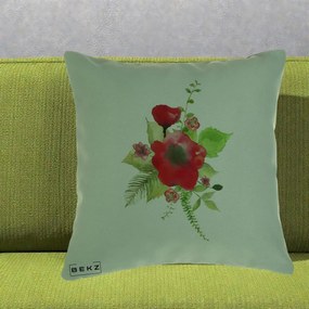 Perna Decorativa Buchet Rosu Acuarela, 40x40 cm, Verde, Husa Detasabila, Perna Inclusa, BEKZ®