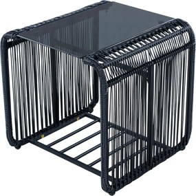 Set mobilier de grădină de exterior în 5 piese, set lounge pentru balcon cu 2 scaune, 2 taburete și masă cu blat din sticlă, Negru+Gri