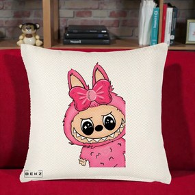 Perna Personalizata Labubu Roz cu Funda, 40x40 cm, Crem Reliefat, Husa Detasabila, Perna Inclusa, BEKZ®