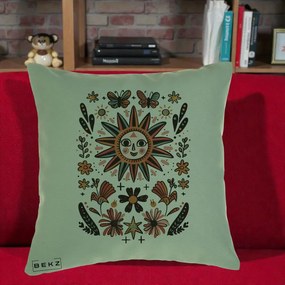 Perna Decorativa Soare Boho Folk Fluturi, 40x40 cm, Verde, Husa Detasabila, Perna Inclusa, BEKZ®