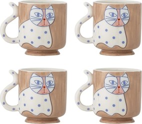 Set 4 căni din ceramică artizanală, multicolor, pictate manual cu pisici și buline, 8,5x9 cm, 325 ml, „Missy"