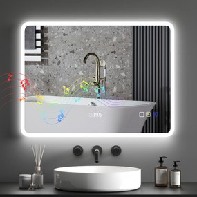 HOMCOM Oglindă de Baie cu Lumină LED 80x60 cm cu Bluetooth 3 Culori de Lumină Funcție Antiabur Funcție de Memorie IP44  | Aosom Romania