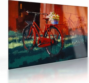 Tablou pe sticlă - Bicicleta roșie, pictură acrilică (70x50 cm)