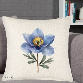 Perna Decorativa Anemona Albastra Botanica, 40x40 cm, Crem Reliefat, Husa Detasabila, Perna Inclusa, BEKZ®