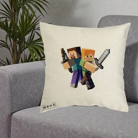 Perna Personalizata Minecraft Steve si Alex, 40x40 cm, Ecru, Husa Detasabila, Perna Inclusa, BEKZ®