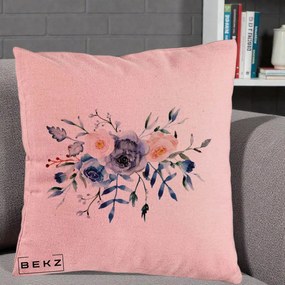 Perna Decorativa Buchet Flori Albastre Acuarela, 40x40 cm, Roz, Husa Detasabila, Perna Inclusa, BEKZ®