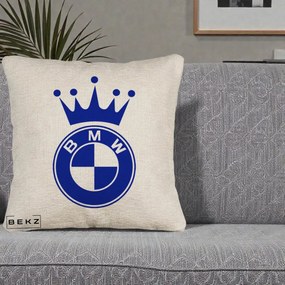 Perna Personalizata cu emblema BMW si Coroana, 40x40 cm, Bej Canapea, Husa Detasabila, Perna Inclusa, BEKZ®
