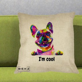 Perna Personalizata Bulldog Francez I'm Cool, 40x40 cm, Crem, Husa Detasabila, Perna Inclusa, BEKZ®