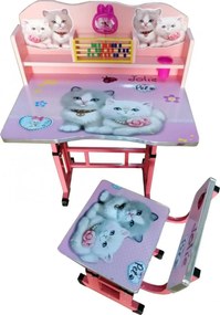 Birou copii din MDF cu jucarii interactive Novokids™ My first desk, Dimensiuni 68X43X65, Cadru metalic, masuta copii, Model Pisicute, Roz