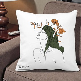 Perna Decorativa Portret Feminin Profil Flori Portocalii, 40x40 cm, Alba Mata, Husa Detasabila, Perna Inclusa, BEKZ®