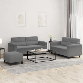 vidaXL Set de canapele cu perne, 3 piese, gri închis, microfibră