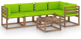 Set mobilier gradina paleti, cu perne, 6 piese, lemn pin tratat verde aprins, 2x mijloc + 3x colt + masa, 1