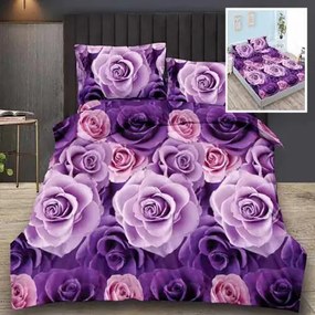 Lenjerie de pat din Finet, 6 piese cu husa elastic pentru saltea Purple Roses