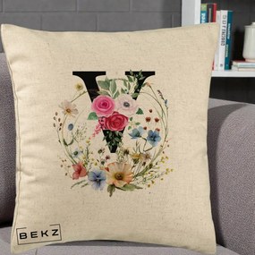 Cadou Personalizat - Perna Personalizata Monograma Florala Litera V cu Coroana, 40x40 cm, Bej, Husa Detasabila, Perna Inclusa, BEKZ®
