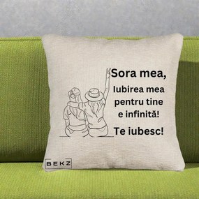 Cadou pentru Sora - Perna Personalizata Sora Mea Te Iubesc Line Art Portrete Colorate, 40x40 cm, Bej Canapea, Husa Detasabila, Perna Inclusa, BEKZ®