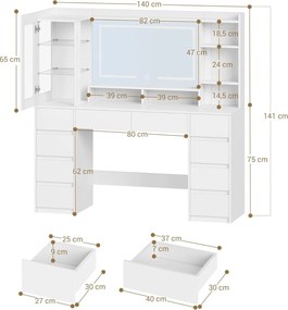 Masuta de machiaj 140 cm, cu Oglinda LED si 10 Sertare pentru Cosmetice, Set Masa toaleta Alba, masuta cosmetica, vanity cu dulapior si rafturi -
