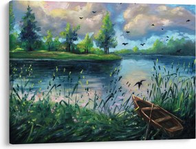 Tablou- Pictură în ulei, seară de vară lângă lac (70x50 cm)