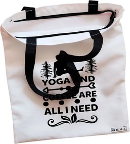 Sacosa de Panza pentru Cumparaturi, Geanta Tote, Yoga and Coffee are all I need, Cu fermoar, 38x34.5 cm, Alba, BEKZ®