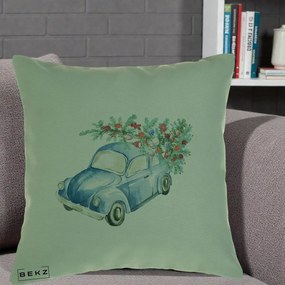 Perna Decorativa Masinuta Albastra cu Brad de Craciun, 40x40 cm, Verde, Husa Detasabila, Perna Inclusa, BEKZ®