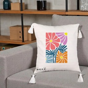 Perna Decorativa Flori Grafice Roz-Orange-Albastru, 40x40 cm, Bej cu Franjuri, Husa Detasabila, Perna Inclusa, BEKZ®