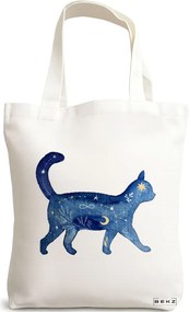 Sacosa de Panza pentru Cumparaturi, Geanta Tote, model Pisica Astrala, 38x34.5 cm, Alba, BEKZ®