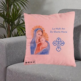Cadou de Onomastica - Perna Personalizata Sfanta Marie Icoana Acuarela, 40x40 cm, Roz, Husa Detasabila, Perna Inclusa, BEKZ®