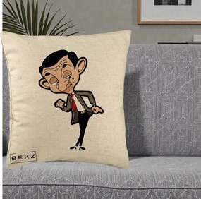 Perna Personalizata Mr. Bean Caricatura, 40x40 cm, Bej, Husa Detasabila, Perna Inclusa, BEKZ®