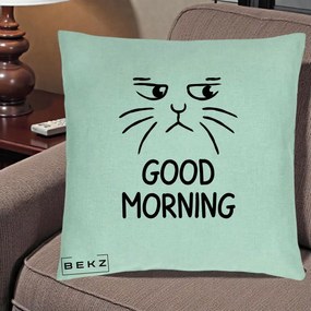 Perna Decorativa Pisica Morocanoasa Good Morning, 40x40 cm, Verde Menta, Husa Detasabila, Perna Inclusa, BEKZ®