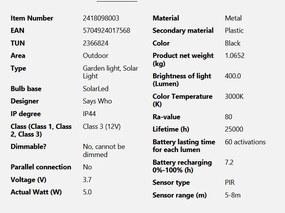 Stalp LED solar de exterior cu senzor de miscare IP44 Justina negru