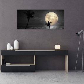 Tablou - Plaja cu lună plină, nuanțe gri (120x50 cm)