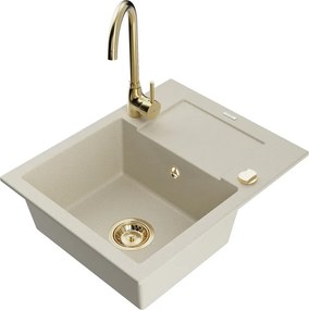 Mexen Enzo chiuvetă de bucătărie din granit cu 1 compartiment, cu picurător și baterie Telma, bej - 6506-69-670200-50