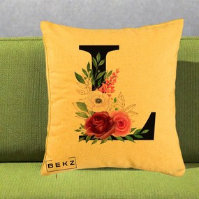 Cadou Personalizat - Perna Personalizata Monograma Florala Litera L, 40x40 cm, Galben, Husa Detasabila, Perna Inclusa, BEKZ®