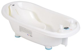 Cadita ergonomica pentru bebelusi si copii NOVOKIDS™ Baby Bubbles , Cu dispensor sapun si sampon incluse, Dimensiuni 95x48x88 cm, Alb cu Albastru
