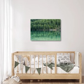Tablou pe sticlă - Coniferi lângă lac (70x50 cm)