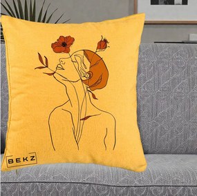 Perna Decorativa Portret Feminin Mac Privire Inalta, 40x40 cm, Galben, Husa Detasabila, Perna Inclusa, BEKZ®