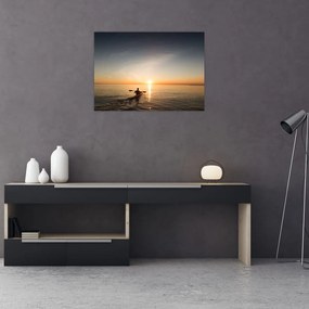 Tablou pe sticlă cu canoiști în apus de soare (70x50 cm)