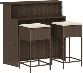 vidaXL Set bar de grădină, 3 piese, cu perne, maro, poliratan