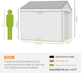 Outsunny Magazie de Grădină din Oțel Galvanizat și PP cu 4 Guri de Aerisire și Fereastră, 259x171x222 cm, Gri și Alb | Aosom Romania