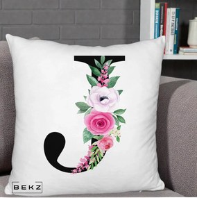 Cadou Personalizat - Perna Personalizata Monograma Florala Litera J, 40x40 cm, Alb Pufos, Husa Detasabila, Perna Inclusa, BEKZ®