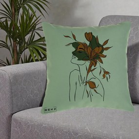 Perna Decorativa Portret Feminin Crin Auriu, 40x40 cm, Verde, Husa Detasabila, Perna Inclusa, BEKZ®