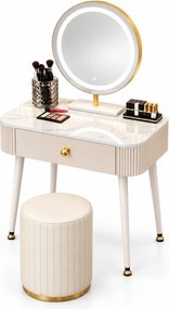 Set VICTORIA GLAM – Masă de Toaletă pentru Machiaj, cu Oglindă LED și Taburet, Accente Aurii și Blat cu efect marmură, Alb
