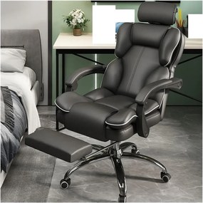RESIGILAT- Scaun directorial, suport pentru picioare reglabil, pivotant la 360°, înălțime reglabilă, cotieră moale, piele PU rezistentă, Negru/Alb