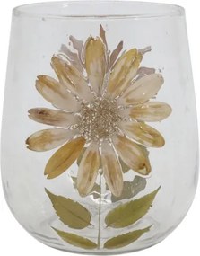 Suport lumânare din sticlă transparentă, lucrat manual, cu flori uscate, 14x12.5 cm, „Fleurette"
