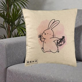 Perna Decorativa Iepuras Kawaii cu Cosulet Floral, 40x40 cm, Bej, Husa Detasabila, Perna Inclusa, BEKZ®