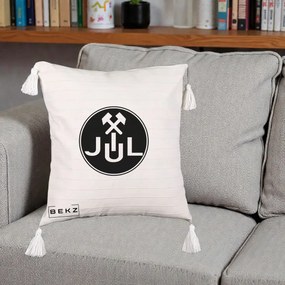 Perna Personalizata JUL Jiul Lupeni Fotbal, 40x40 cm, Bej cu Franjuri, Husa Detasabila, Perna Inclusa, BEKZ®