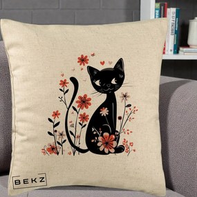 Perna Decorativa Pisica Neagra Flori Roz si Inimi, 40x40 cm, Bej, Husa Detasabila, Perna Inclusa, BEKZ®