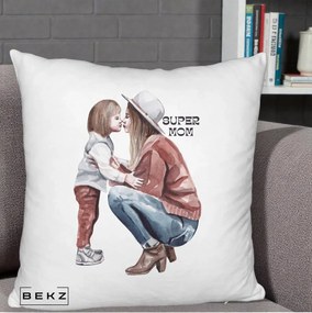 Cadou pentru Mama - Perna Personalizata Super Mom Acuarela, 40x40 cm, Alb Pufos, Husa Detasabila, Perna Inclusa, BEKZ®