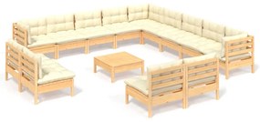 Set mobilier gradina cu perne crem, 14 piese, lemn masiv de pin maro si crem, 1