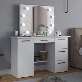 SEA543 - Set Masa toaleta, 120 cm, moderna cosmetica machiaj oglinda, masuta vanity, oglinda cu 8 LED, cu sau fara Priza, cu sau fara scaun - Alb